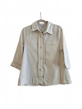 Ninety Clothing Co. Women's Beige Collared Button-Down Blouse with Ruffle Trim L
